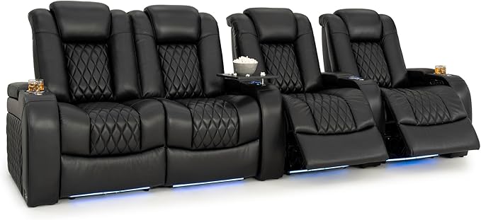 Seatcraft Diamante Zero-Gravity CoolZero Italian Leather Home Theater Seating, Power Headrest, Power Recline, Row of 4 Left Loveseat, Black