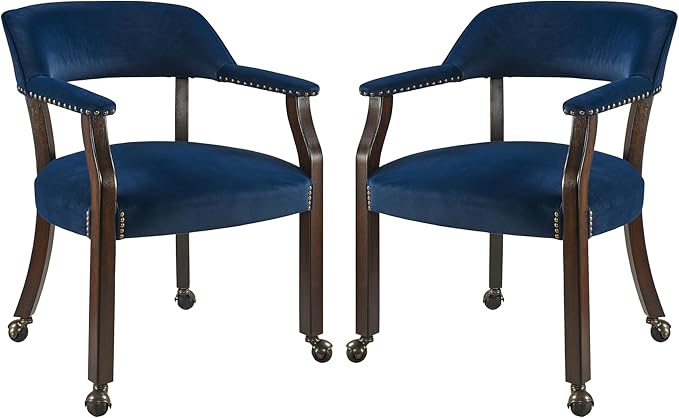 Dinning Chairs with Wheels and Arms Set of 2, Solid Wood Office Desk Chairs with Frosted Velvet Upholstered, Classic Swivel Accent Chairs, 31.5" H Boss Caption's Chair, Ocean Blue XXY-HT22-OB
