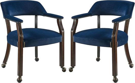 Dinning Chairs with Wheels and Arms Set of 2, Solid Wood Office Desk Chairs with Frosted Velvet Upholstered, Classic Swivel Accent Chairs, 31.5" H Boss Caption's Chair, Ocean Blue XXY-HT22-OB