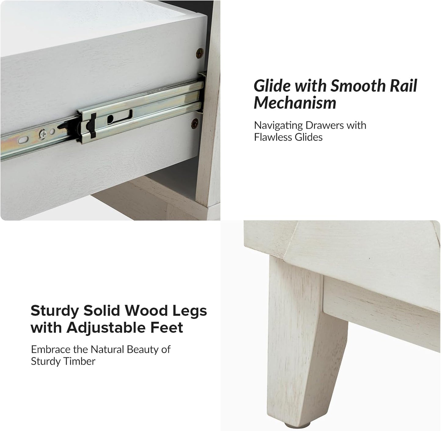 HULALA HOME Wood Nightstand with Charging Station 2 Drawer Dresser with Wooden Legs Mid Century Modern Bedside French Style End Table for Bedroom, White