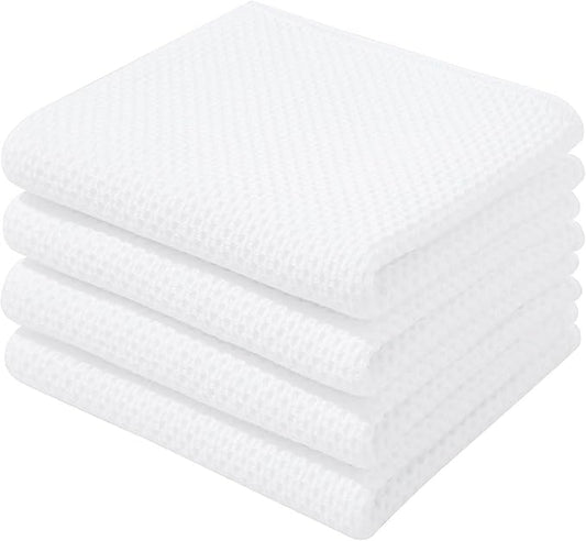 Homaxy 100% Cotton Waffle Weave Kitchen Dish Towels, Ultra Soft Absorbent Quick Drying Cleaning Towel, 13 x 28 Inches, 4-Pack, White
