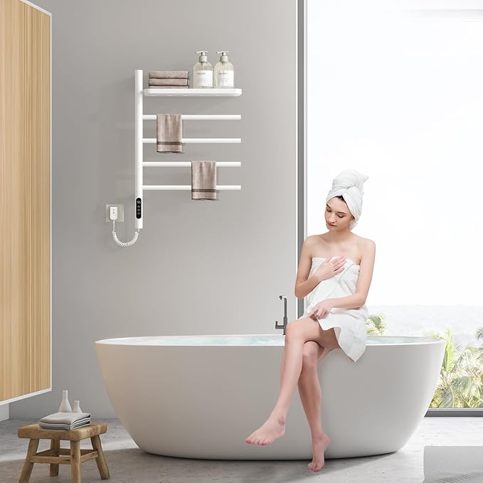 Swivel Heated Towel Rack, Wall Mounted Electric Towel Warmer Rack for Bathroom, 4 Round Bars Swivelable Towel Dryer with Tray, Towel Heater with Built-in Timer, for bathroom, Salons & Spas (G64-White)