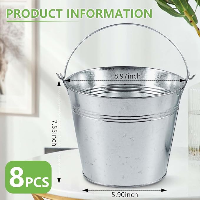 OBTANIM 8 Pack Galvanized Metal Buckets with Handle Ice Pails for Plants, Succulents, Party Favors Organizing, Rustic Home Decor or Classrooms Pencil Storage (9 x 5.9 inch)