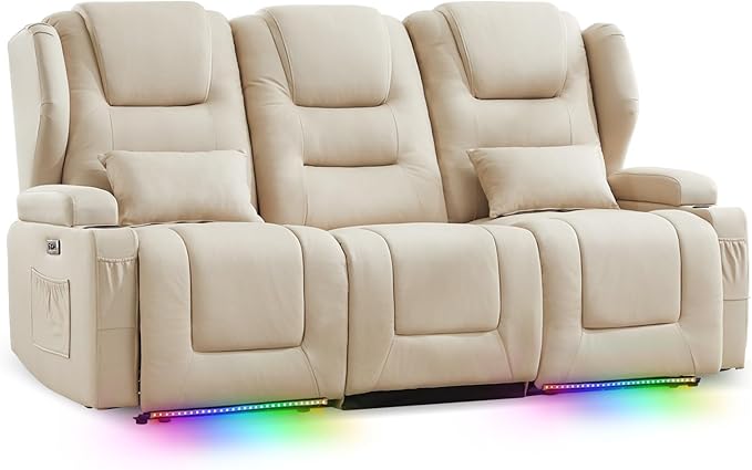 SAMERY Power Loveseat Recliner Sofa with Adjustable Split Back, Multi-Port Charger, Flip-Up Backrest & LED Lighting - Home Theater Seating with Storage, Cup Holders, Beige Fabric Loveseat Recliner