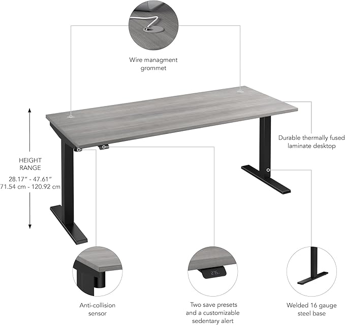 Bush Business Furniture 72-inch Electric Height Adjustable Standing Desk, Ergonomic Sit-Stand Computer Table for Home and Professional Office, Move 40 Series, Platinum Gray with Black Base