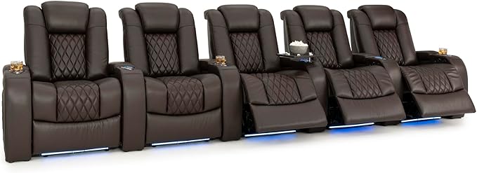 Seatcraft Diamante Zero-Gravity CoolZero Italian Leather Home Theater Seating, Power Headrest, Power Recline, Row of 5, Brown