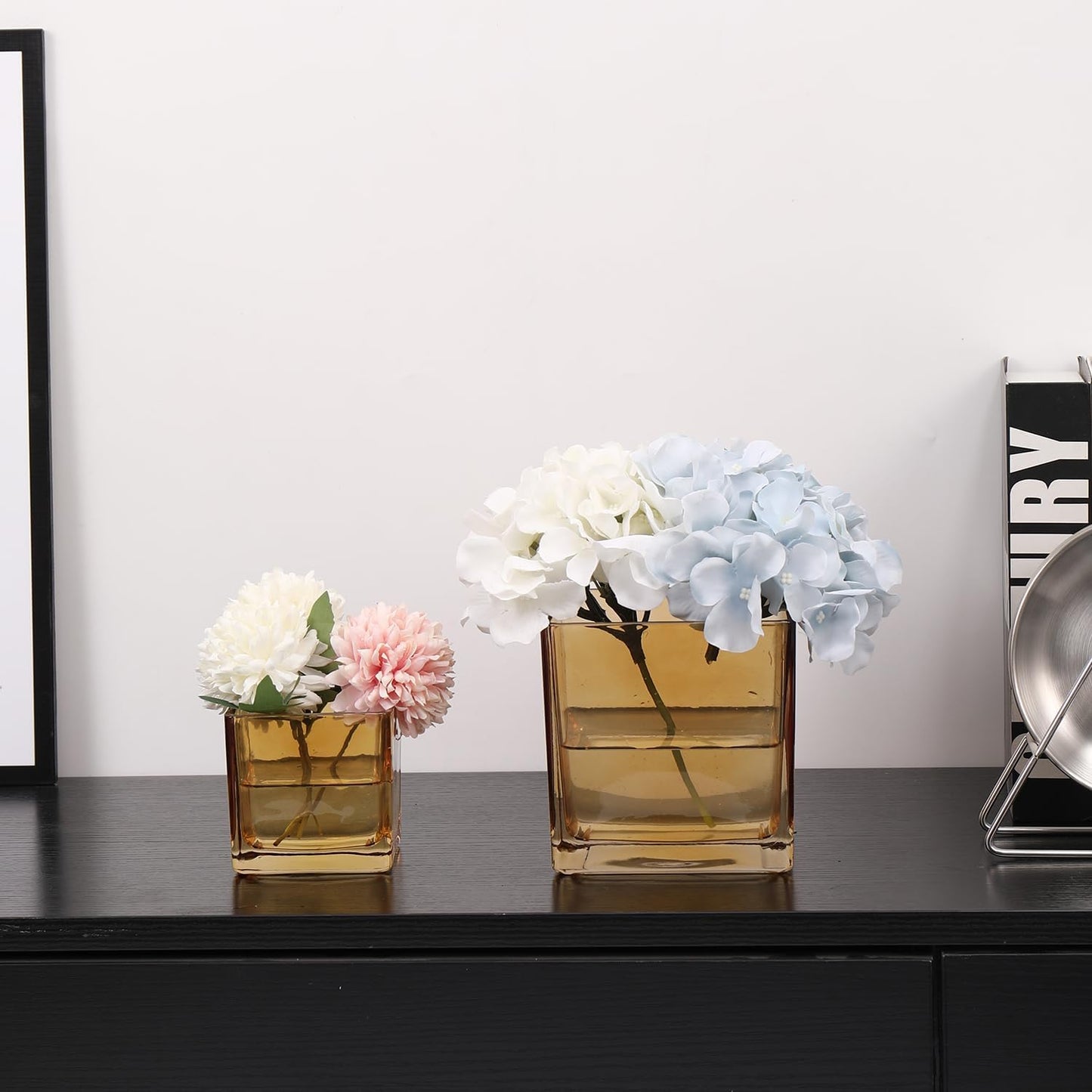 Square Flower Vases Set of 9, 3"x 3"x 3" Glass Vases for Centerpieces, Amber Vase for Flowers, Small Vase for Wedding, Party, Home Office Decoration