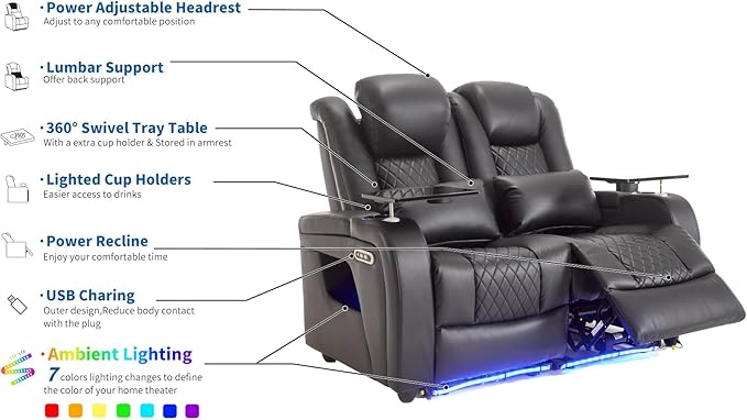 Home Theater Seating LoveSeat with Lighting Armrest, Game Movie Theater Chairs Theater Recliner Sofa with 7 Colors Ambient Lighting, Lumbar Pillow, Side Pocket, Tray Table, Power Recline, Black