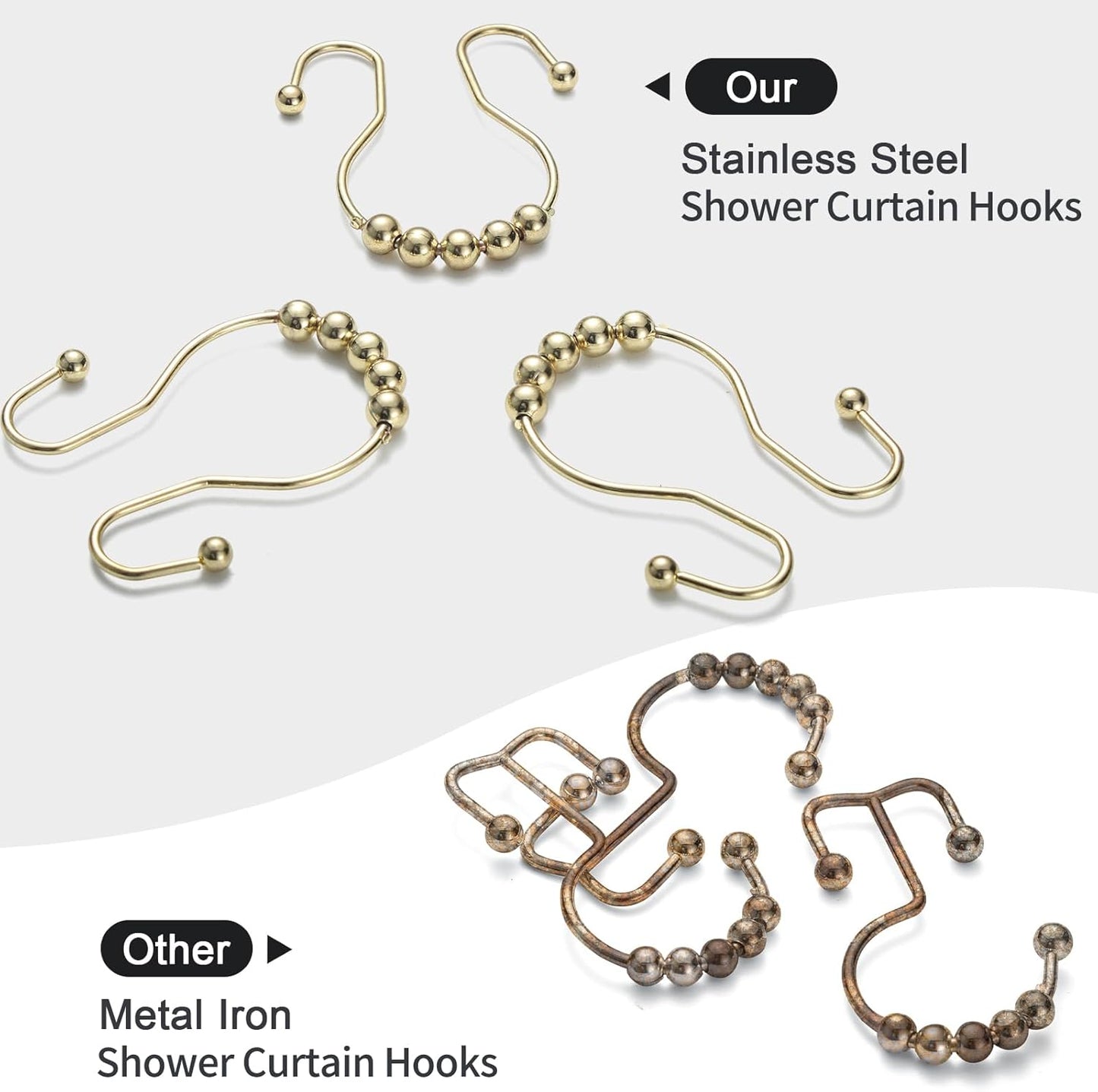 Goowin Shower Curtain Hooks, 12 Pcs Shower Curtain Rings, Stainless Steel Gold Shower Curtain Hooks Rings Rust Proof, Smooth Sliding Anti-Drop Double Shower Hooks for Shower Curtain, Rods (Gold)