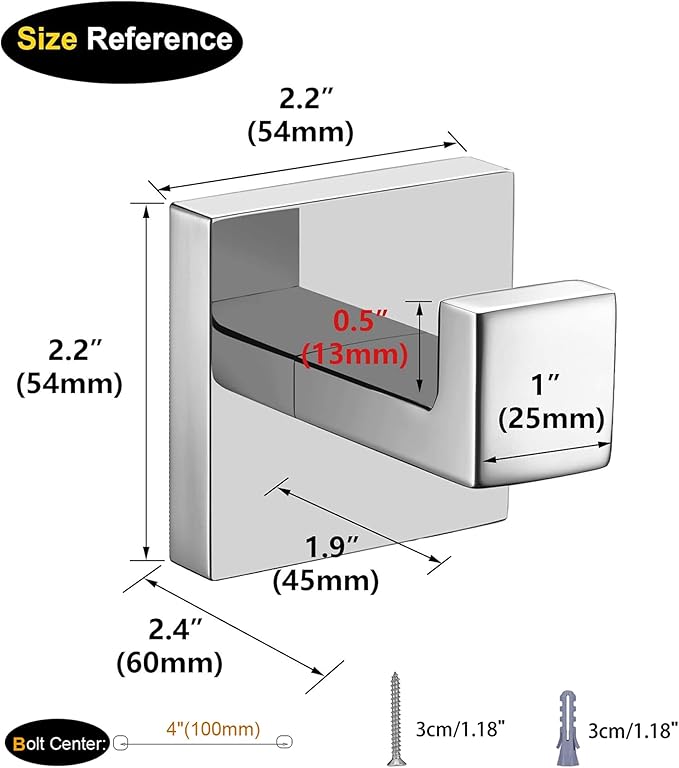 Nolimas Bath Towel Hook SUS 304 Stainless Steel Square Clothes Towel Coat Robe Hook Cabinet Closet Door Sponges Hanger for Bath Kitchen Garage Heavy Duty Wall Mounted, Chrome Polished Finish,2Pack