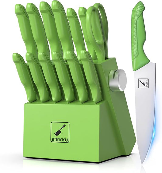 imarku Knife Set with Block, Sharp Knife Set with Built-in Sharpener, Japanese Stainless Steel Kitchen Knife Set with Non-Slip Ergonomic Handle, Dishwasher Safe, Best Holiday Gifts, 14 PCS, Teal Green