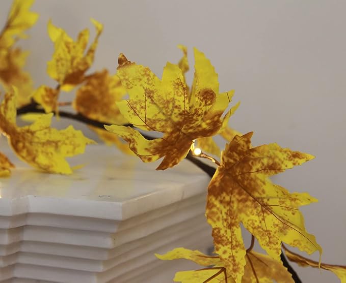 LITBLOOM Lighted Fall Garland with Timer 6FT 24 Warm White LED, Maple Leaf Vine with Lights Battery Operated for Mantle Fireplace Autumn Thanksgiving Harvest Decoration Indoor Outdoor