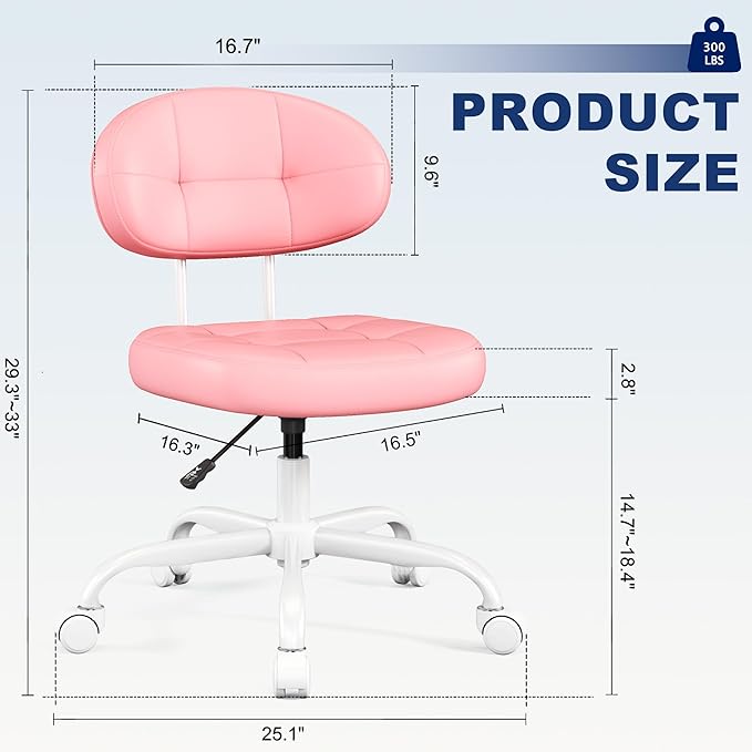 Misolant Vanity Chair with Back, Small Armless Cute Office Chair with Wheels and Lumbar Support, Comfy PU Leather Desk Computer Chairs with Adjustable Height, 360°Swivel for Home Bedroom Office, Pink