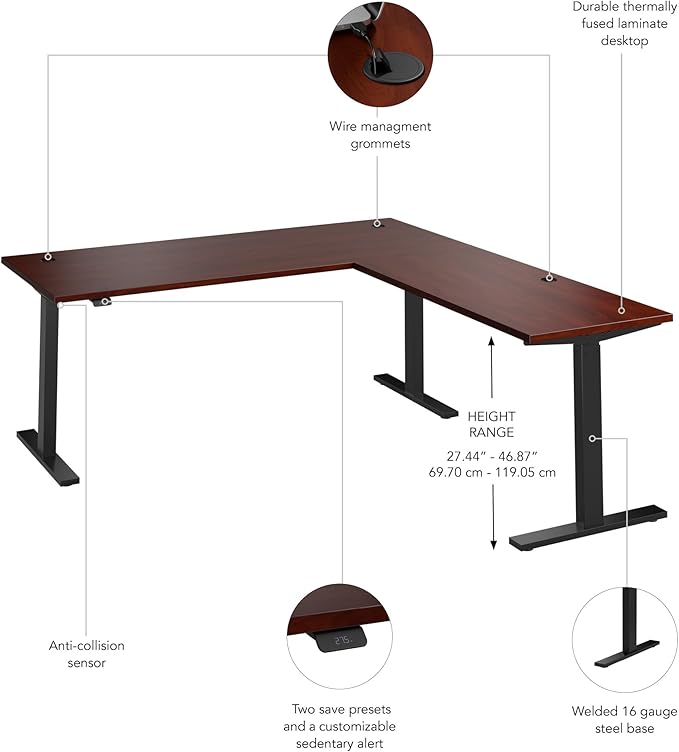 Bush Business Furniture 72-inch Height Adjustable L Shaped Standing Desk, Electric Sit-Stand Corner Computer Table, Ergonomic Office, Move 60 Series, Hansen Cherry with Black Base
