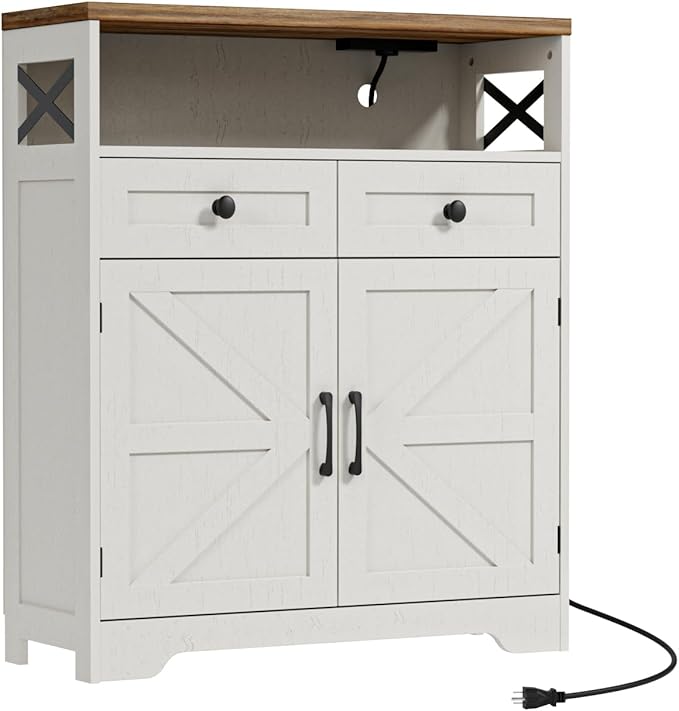 31.5" White Storage Cabinet with Doors and Drawers, Farmhouse Sideboard Buffet Cabinet with Storage, Kitchen Pantry Hutch, Coffee Bar Table Station for Kitchen, Livingroom, Dining Room