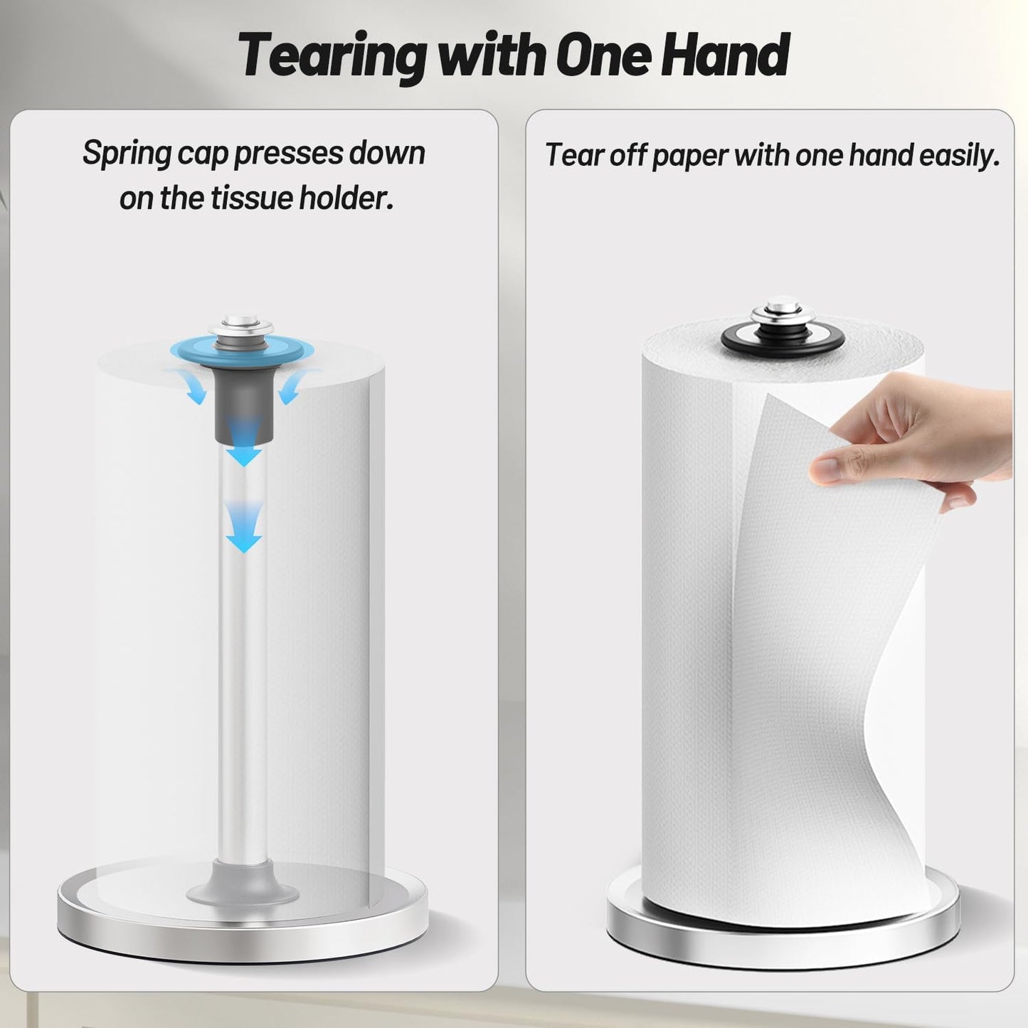 VEHHE Paper Towel Holder Countertop with Unique Damping Spring Structure for One-Handed Tearing, Stainless Steel Paper Towel Holder with Weighted Base and Suction Cups for Kitchen Bathroom, Silver