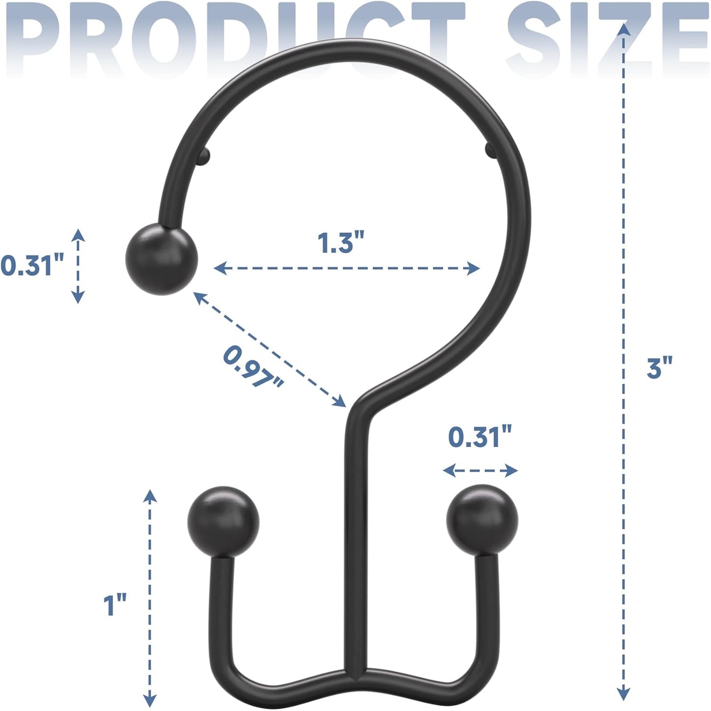 Titanker Shower Curtain Hooks Black, Minimalist Simple Double Glide Shower Curtain Rings, Rust Proof Metal Shower Hooks Rings for Bathroom Shower Rods Curtains, Set of 12 Hooks