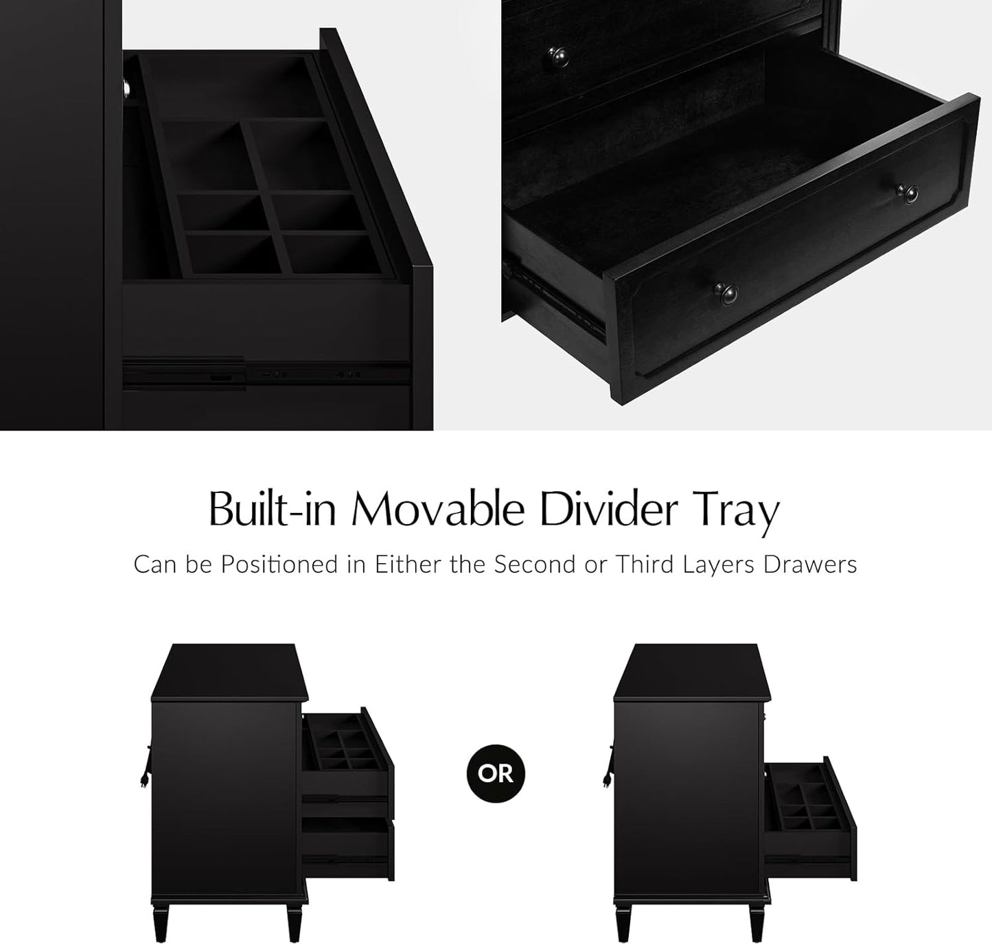 HULALA HOME Mid-Century Modern Nightstand with Charging Station and Divider Tray, 4-Drawer Bedside Table with Solid Wood Legs (Black,Set of 2)