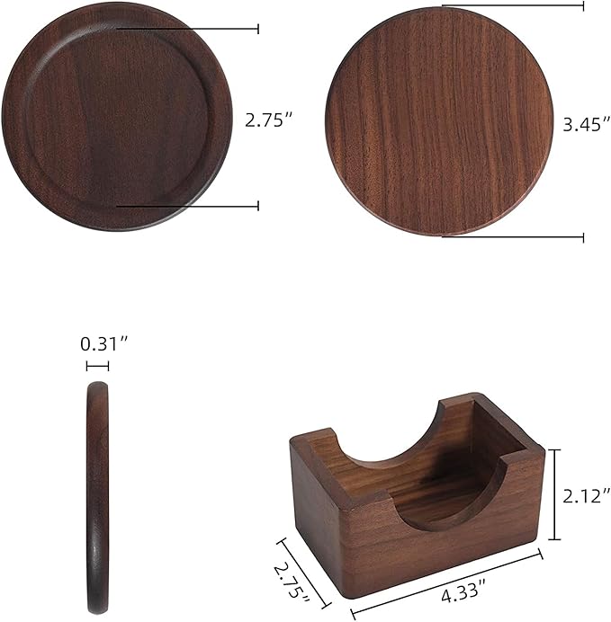 Mu&Ti Classic Walnut Dark Coaster Set of 6 Pieces. Including The Holder Pure Natural Wood and Texture. Wonderful Decor for Dining Tables and Office Tables