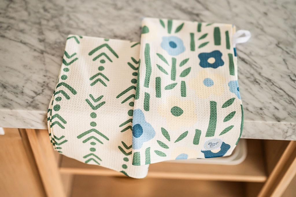 2 Pack Double Sided || Not Your Ordinary Kitchen Towels || Dish Towels ||Quick Dry || Waffle Weave Microfiber || Highly Absorbent || Hanging Hook (Blue Green Arrow)