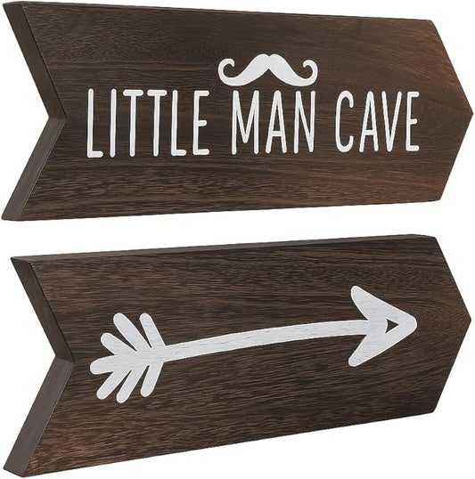 Little Man Cave Sign For Boys - 2 Pcs 14" x 5" Baby Boy Nursery Wall Decor Art for Playroom, Rustic Wooden Arrow Sign For Nursery, Cabin Room Wall Decor, Easter Gifts for Kids, Brown