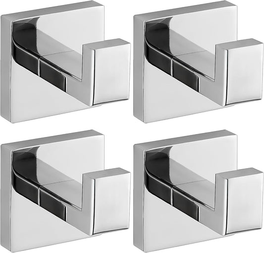 Chrome Polished Towel Hooks for Bathrooms, Heavy Duty Wall Mounted Stainless Steel Modern Hook, 4 Pack – Ideal for Hanging Towels, Robes, Coats, in Kitchen, Bedroom, Bathroom, or Hotel
