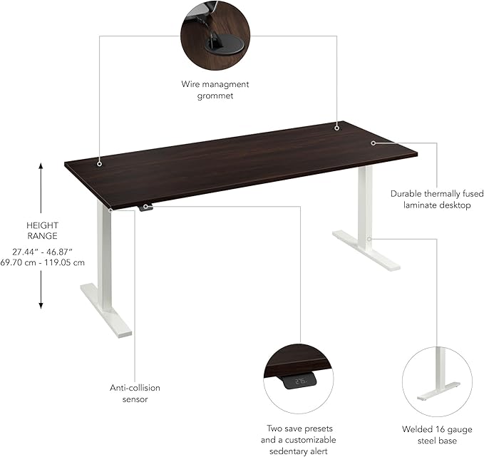 Bush Business Furniture 72-inch Electric Height Adjustable Standing Desk, Ergonomic Sit-Stand Computer Table for Home and Professional Office, Move 60 Series, Black Walnut with White Base