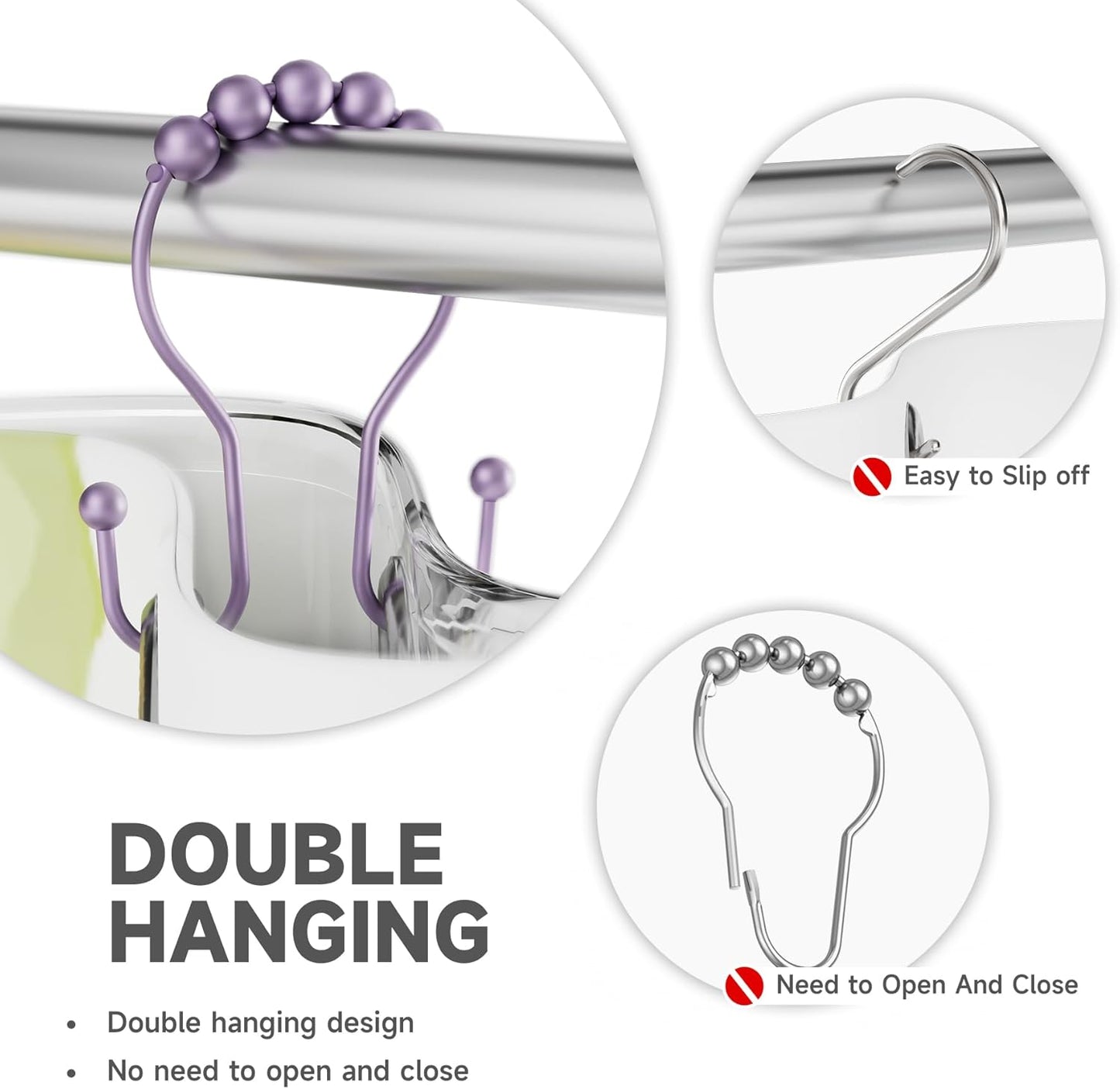 Shower Curtain Hooks, Shower Curtain Rings Rust Proof Double Hook Shower Curtain Hooks, 12 Pcs Purple Shower Hooks for Shower Curtain, Shower Rings for Curtain, Metal Shower Rod Hooks