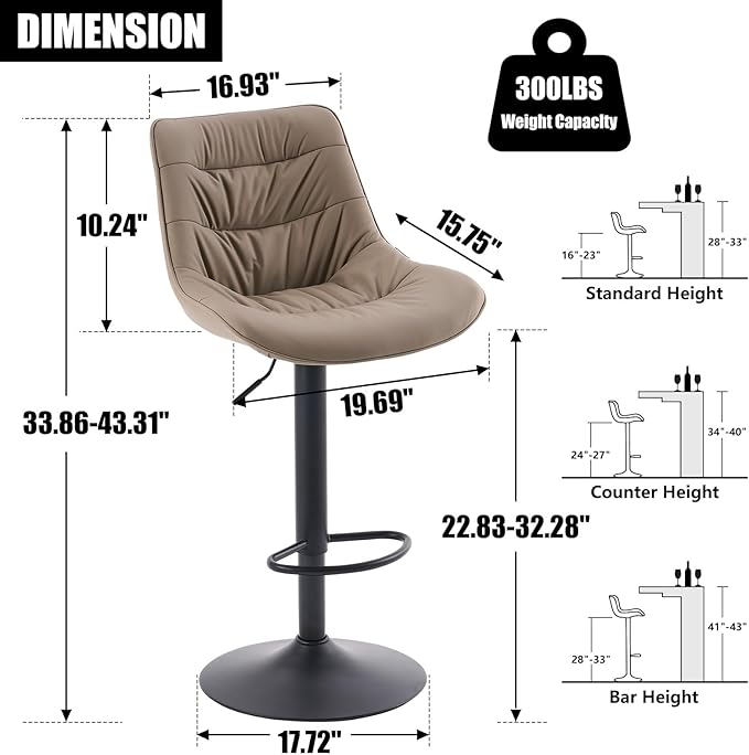 Kidol & Shellder Bar Stools Set of 2 Adjustable Swivel Khaki, PU Leather Upholstered with Back, Modern Counter Height Stools for Kitchen Island, Home Bar