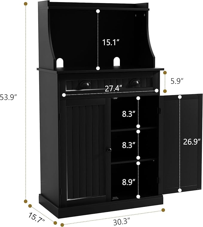 54" Kitchen Microwave Cabinet/Stand with Storage and Drawers, Pantry Storage Cabinet with Hutch & Adjustable Shelves for Kitchen, Dining Room, Living Room, Hallway in Black