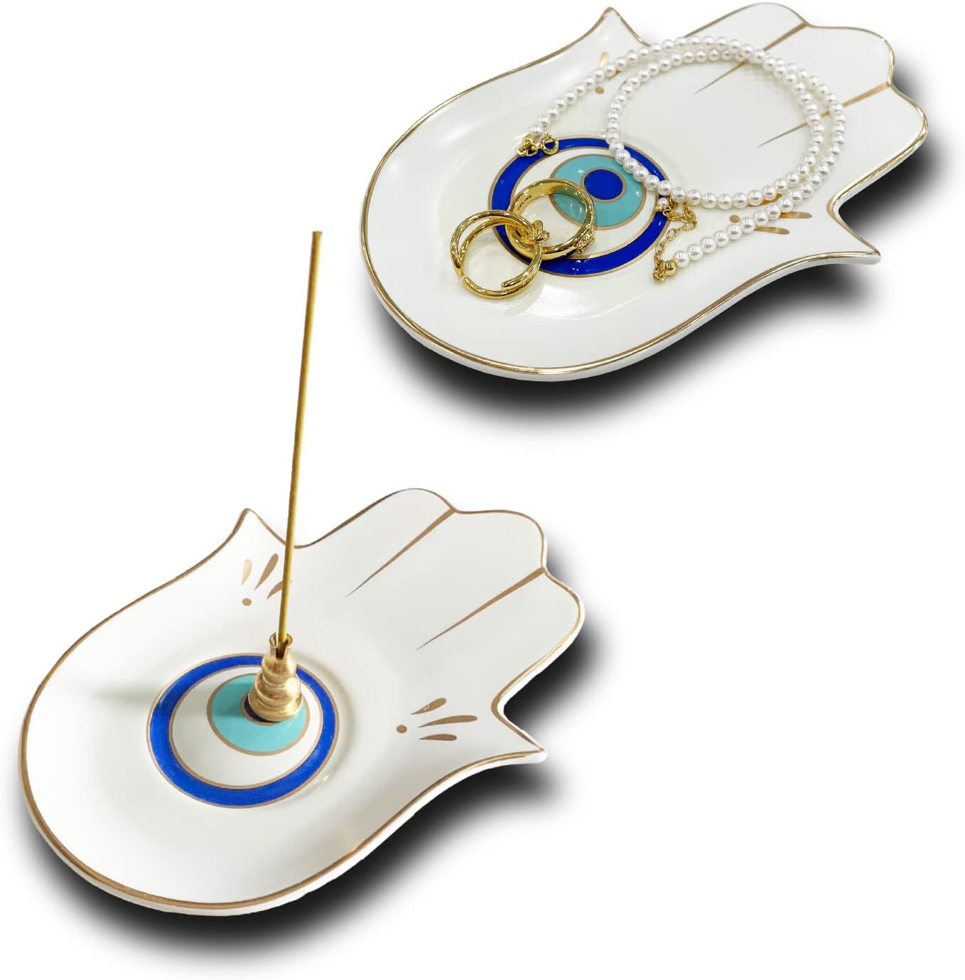 Ceramic Hamsa Hand Incense Holder - 2 in 1 Brass Incense Holder for Sticks and Coil Incense- Zen Decor with Hand of Fatima Design Protection from Evil - 6.2" L X 4.5" W (WhiteEye)