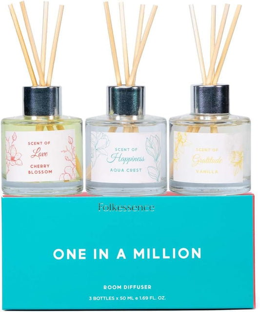 Folkulture Reed Diffuser Set of 3 with Sticks | Lavender Scent Diffusers for Home, Living Room, Office, Powder Room, Bathroom Accessories | Fragrance Oils with Natural Essential Oil |Million - 1.7 Oz