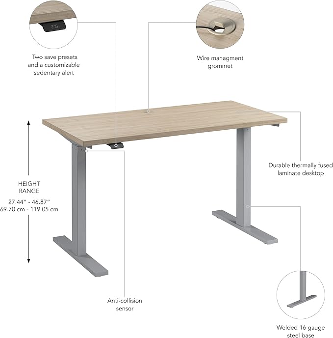 Bush Business Furniture Move 60 Series 48W x 24D Electric in Natural Elm with Silver Base, Ergonomic Sit-Stand Computer Table for Home and Professional Office