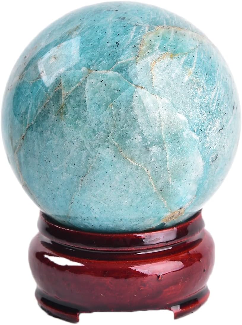 JIC Gem Natural Amazonite Crystal Ball with Wood Stand Gemstone Sphere, Polished Healing Energy Mineral Gemstone Balls for Reiki Chakra Decoration Fengshui (50-60mm)