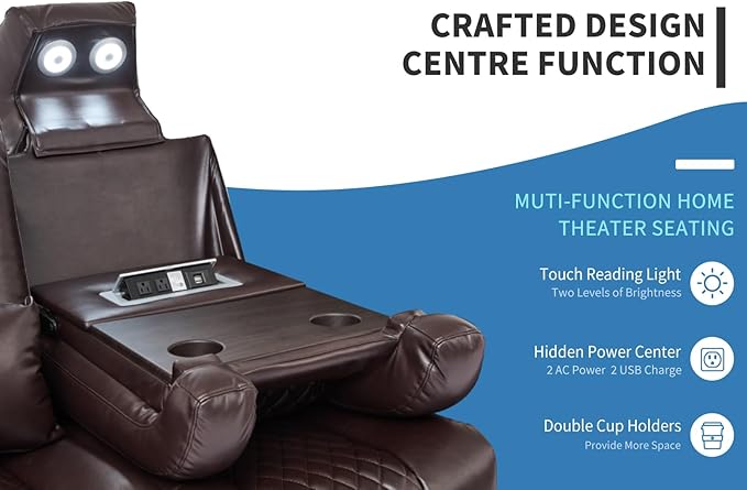 Home Theater Seating Seats, Movie Theater Chairs Theater Recliner with 7 Colors Ambient Lighting, Lumbar Pillow, Touch Reading Lights, Tray Table