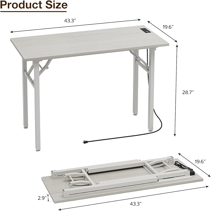TEMI Small Computer Desk Folding Table - No Assembly, Compact 43.3" Foldable Desk with Power Outlets & USB Charging Port, Portable Small Office Desk, Ideal Mini Study Table for Narrow Spaces,White Ash