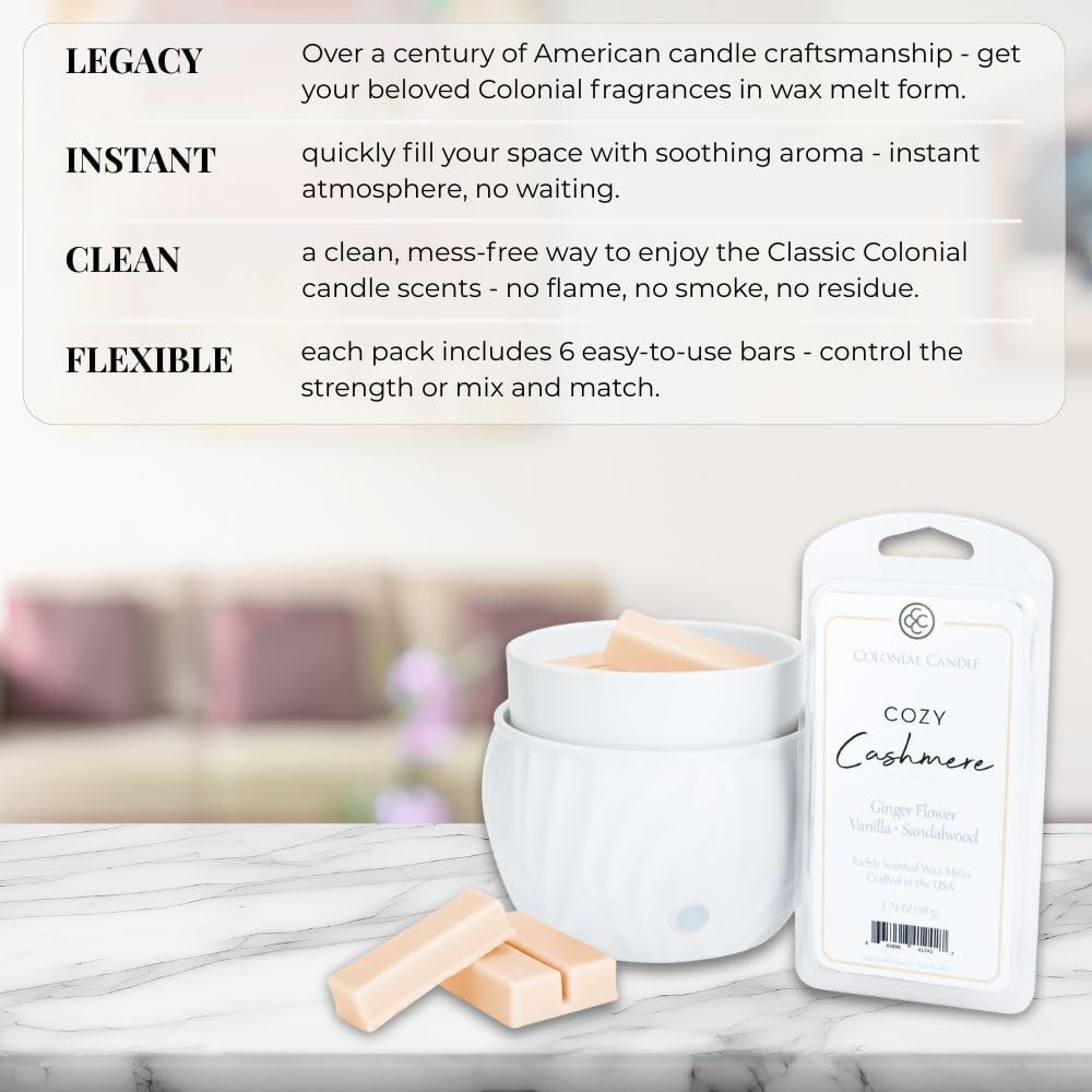 Colonial Candle Cozy Cashmere Scented Wax Melts, Wax Melt Warmer Cubes, Long Lasting Scented Wax Warmer Cubes, 4 Pack, 6 Cubes Each - Made in The USA