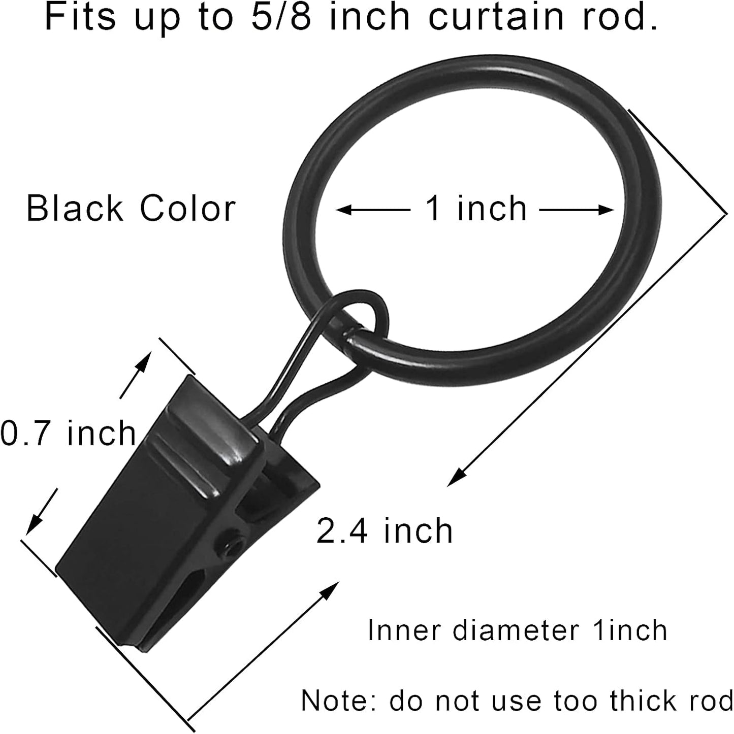 100 Pack Metal Curtain Rings with Clips, Drapery Clips with Rings, Drapes Rings 1 inch Inner Diameter, Fits Diameter 5/8 inch Curtain Rods, Black