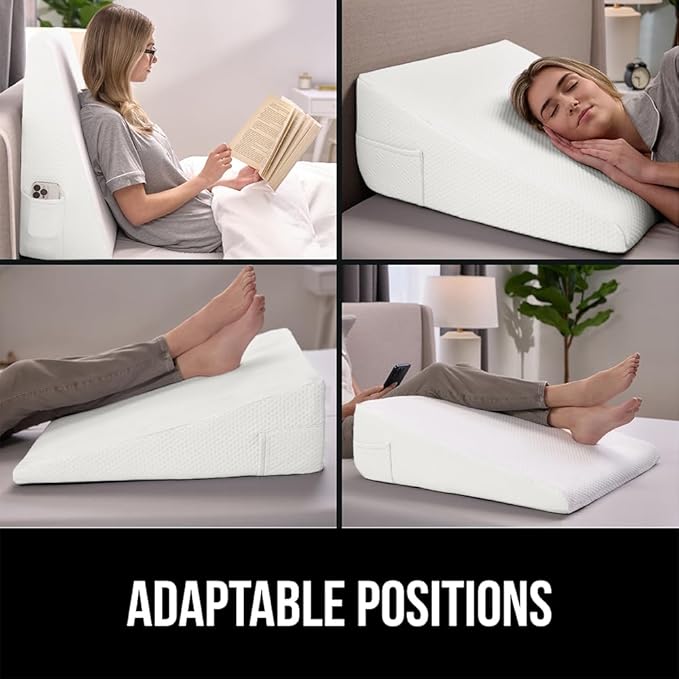 GORILLA GRIP Bed Wedge Pillow for Sleeping, Soft Dual Layer Memory Foam, Stay in Place Dots, Breathable, Ergonomic Headboard Triangle Sleep Support, Reading Elevation Anti Snoring, 12in White