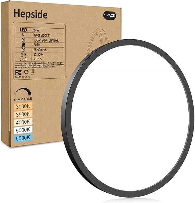 hepside LED Flush Mount Ceiling Light Fixture, 12Inch 24W, Dimmable&3000K/3500K/4000K/5000K/6500K Adjustable Low Profile Ceiling Lights, 3200LM Modern Lamp for Bedroom, Porch, Kitchen, Hallway, Black