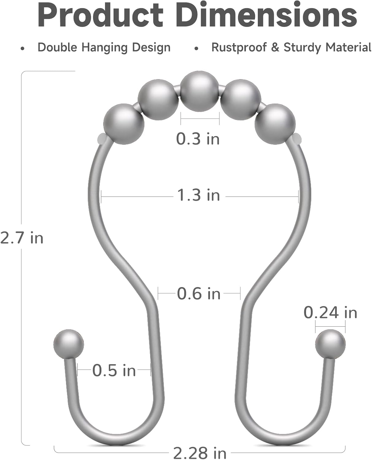 Shower Curtain Hooks Silver, Bathway Shower Curtain Rings Rust Proof, Shower Hooks for Shower Curtain Balanced Smooth Glide Double Shower Curtain Hooks, 12 Pcs