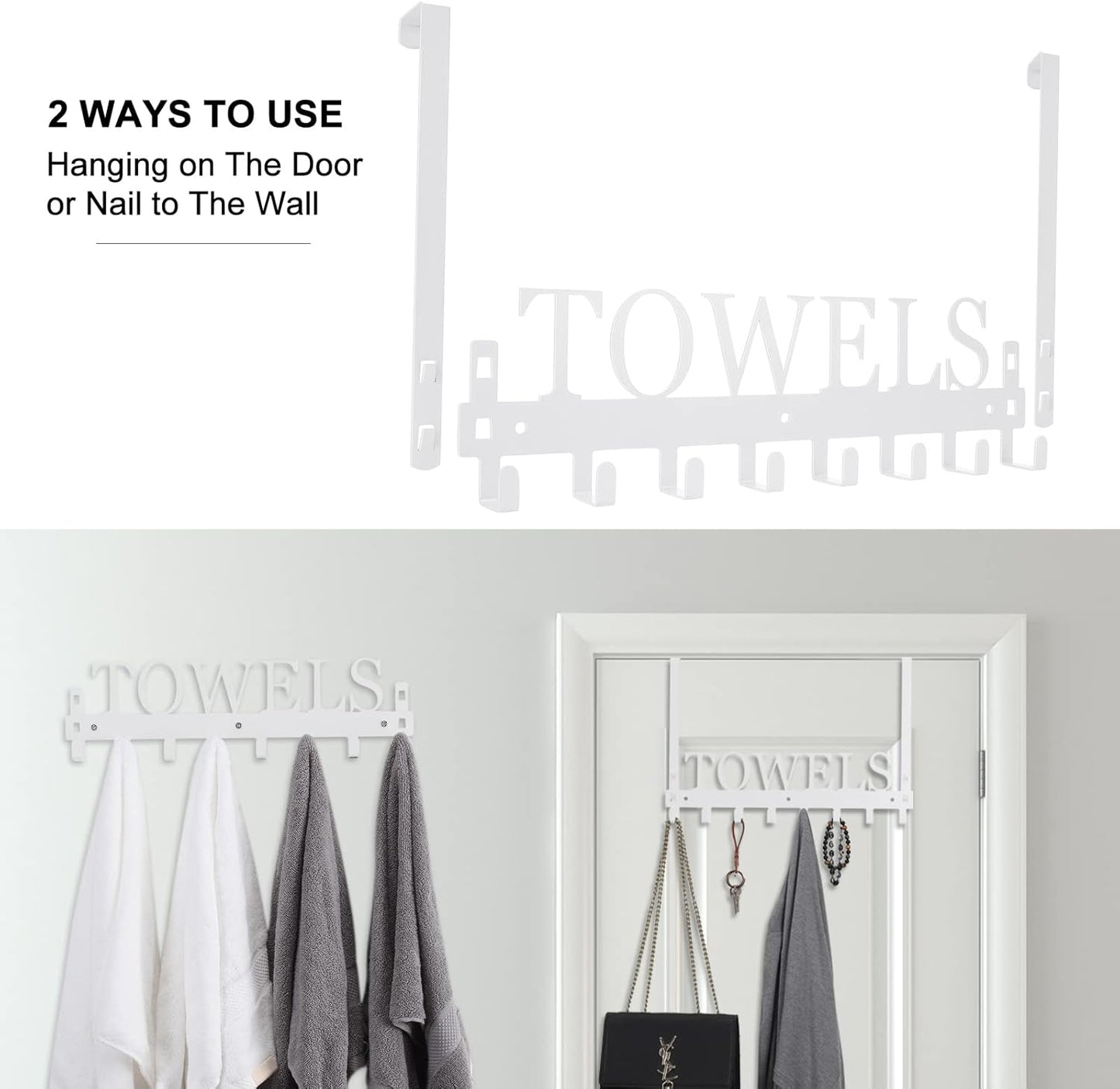 Over The Door Hooks, Towel Rack for Bathroom Towel Holder for Hanging Heavy Duty, Wall Mount Towel Hanger with 8 Hooks for Bedroom Bathroom Kitchen Towels,White