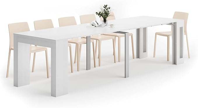 Mobili Fiver, Easy, Extendable Console Table with Extension Leaves Holder, 17.7(120.1) x35.4 in, Ashwood White, for 4-12 People, Space Saving Dining Table for Living Room, Italian Furniture
