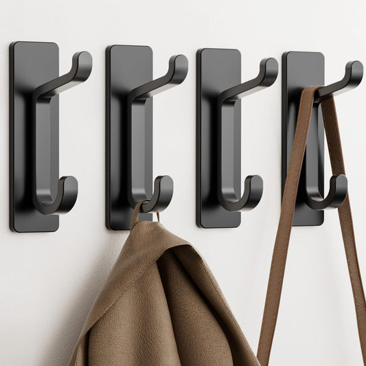 Self Adhesive Wall Hooks for Hanging: Extra Strong 13 LB, Hook for Coat, Towel in Bathrooms, Shower, Kitchen, Wall, Door Hook, Black 4 Pack