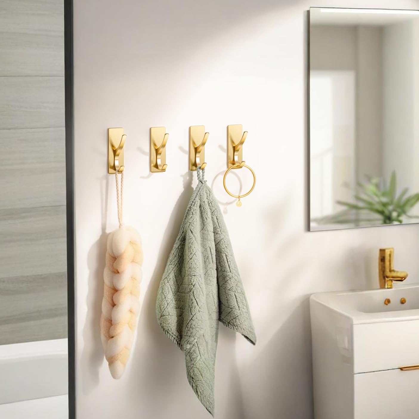 10 Pack Self Adhesive Coat Hooks for Hanging, Heavy Duty Stainless Double Wall Hook for Towel, Backpack, Hat, Sturdy Metal Hanger for Bathroom, Bedroom, Door, Wall Mounted, Brushed Gold