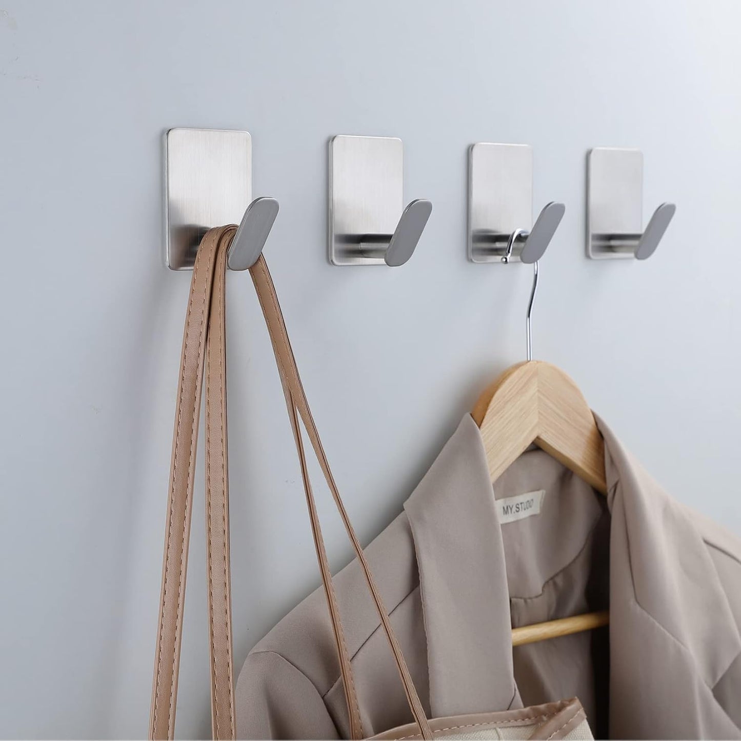 DELITON Sticky Hooks for Hanging Adhesive, Silver Wall Hooks for Bathroom Kitchen Office Stainless Steel Heavy Duty No Damage, Brushed Nickel, 6 Pack