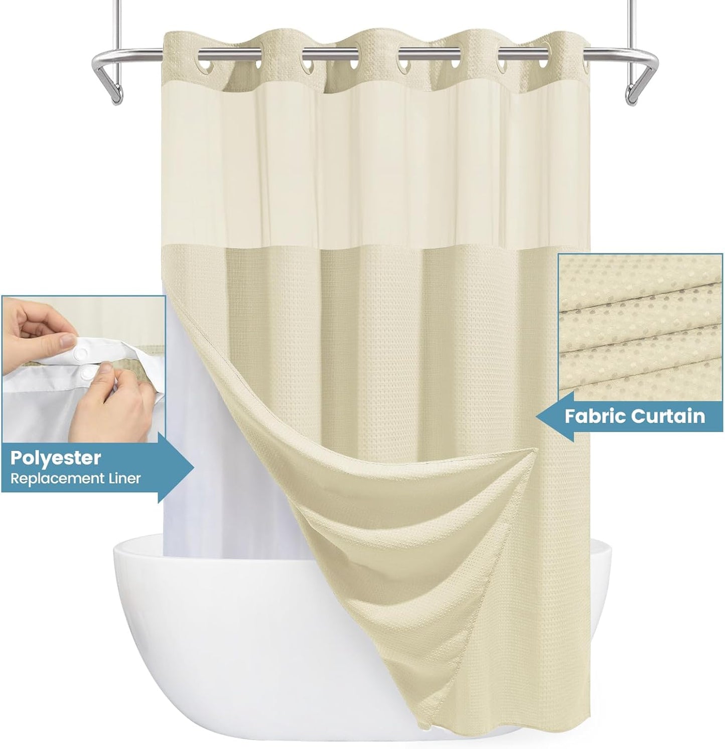Ivory Hotel Shower Curtain with Detachable Liner - 230GSM Waffle Textured,Hotel Grade,Spa Like Bath Curtain,71W x 74H