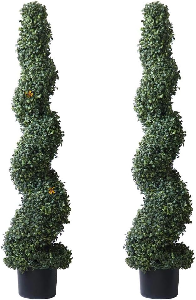 4' Spiral Boxwood Topiary Trees Artificial Outdoor Plants in Plastic Pot Front Porch Plants Set of 2