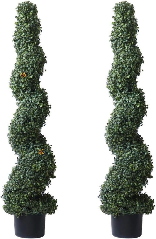 4' Spiral Boxwood Topiary Trees Artificial Outdoor Plants in Plastic Pot Front Porch Plants Set of 2