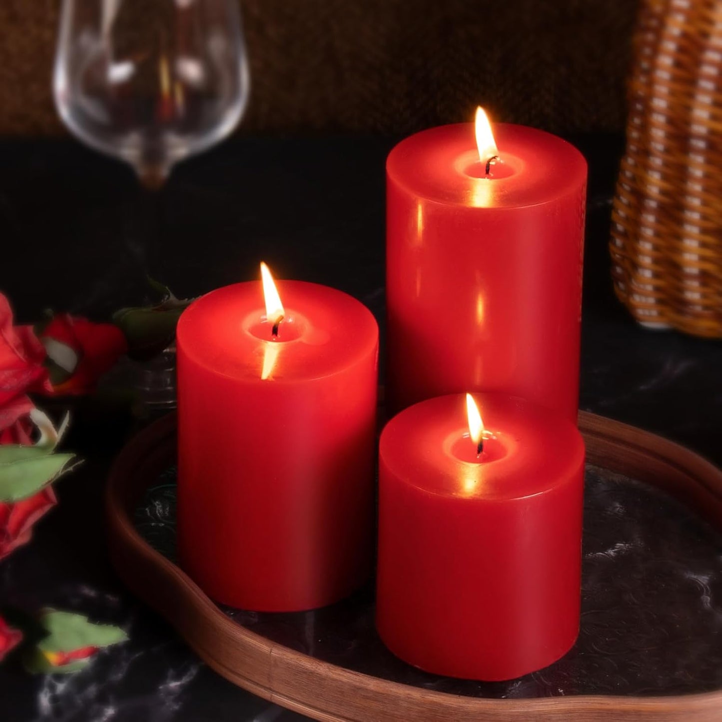 KONNI Red Pillar Candles Set of 3, 3"x 6" Unscented Pillar Candles Bulk, 56 Hours Long Burning Candles, Smokeless and Dripless Large Round Candle for Wedding, Home Decoration, Parties, Spas, Dinner
